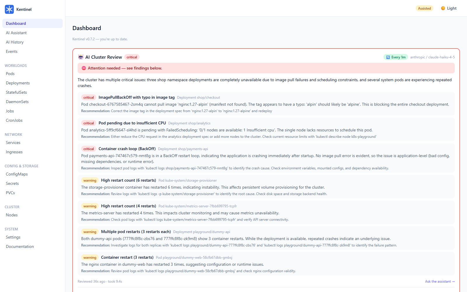 Dashboard with the AI cluster review flagging incidents
