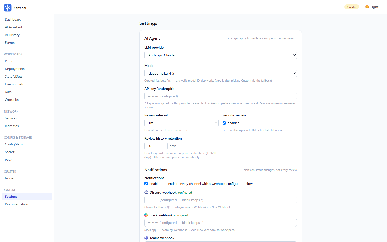 Settings page
